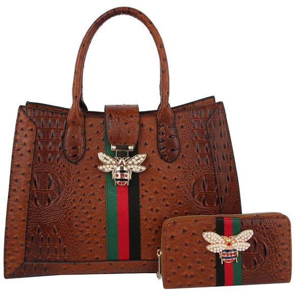 Handbags - Queen Bee Stripe Ostrich -Croc 2-in-1 Handbag